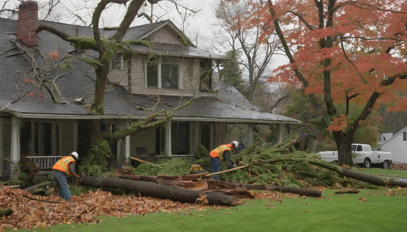 Local provider crew securing a fallen tree beside a frame house after a storm in Staunton