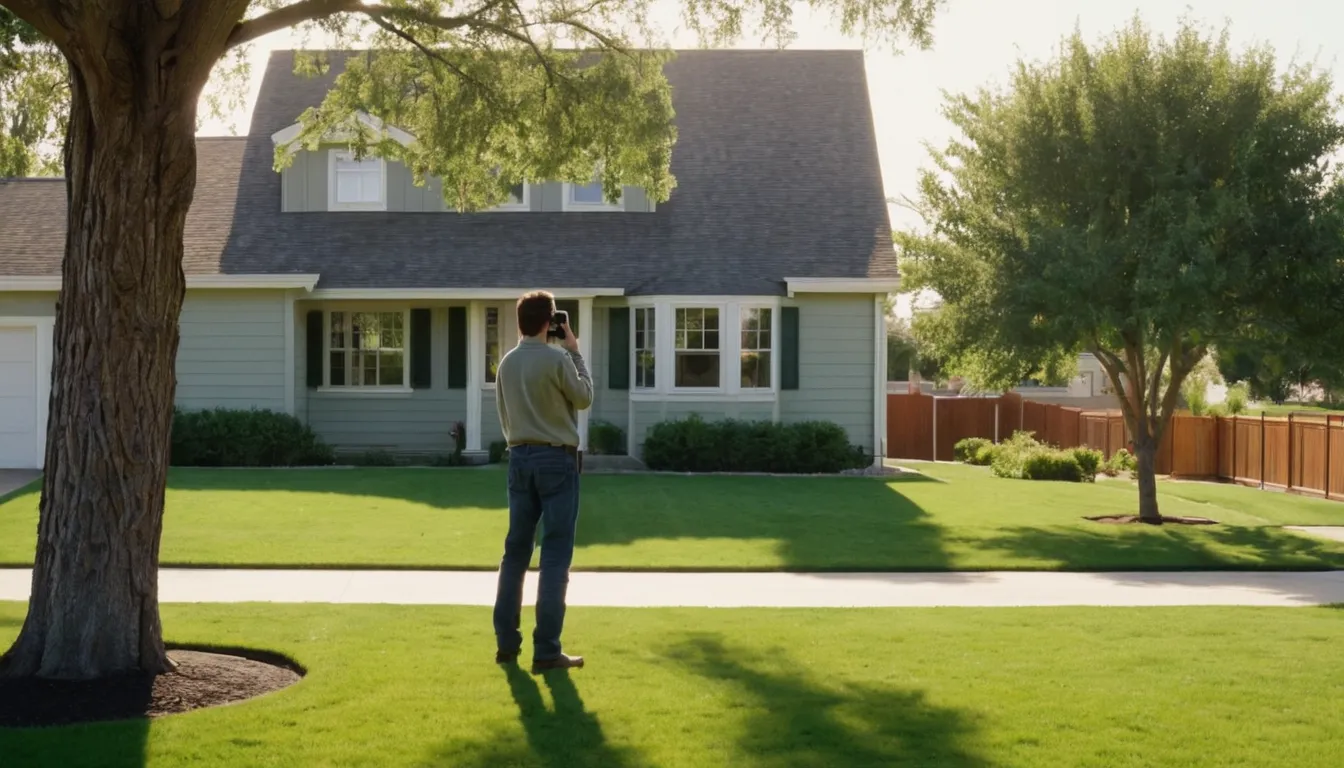 A homeowner in Staunton photographing a large tree beside a ranch house before requesting an estimate